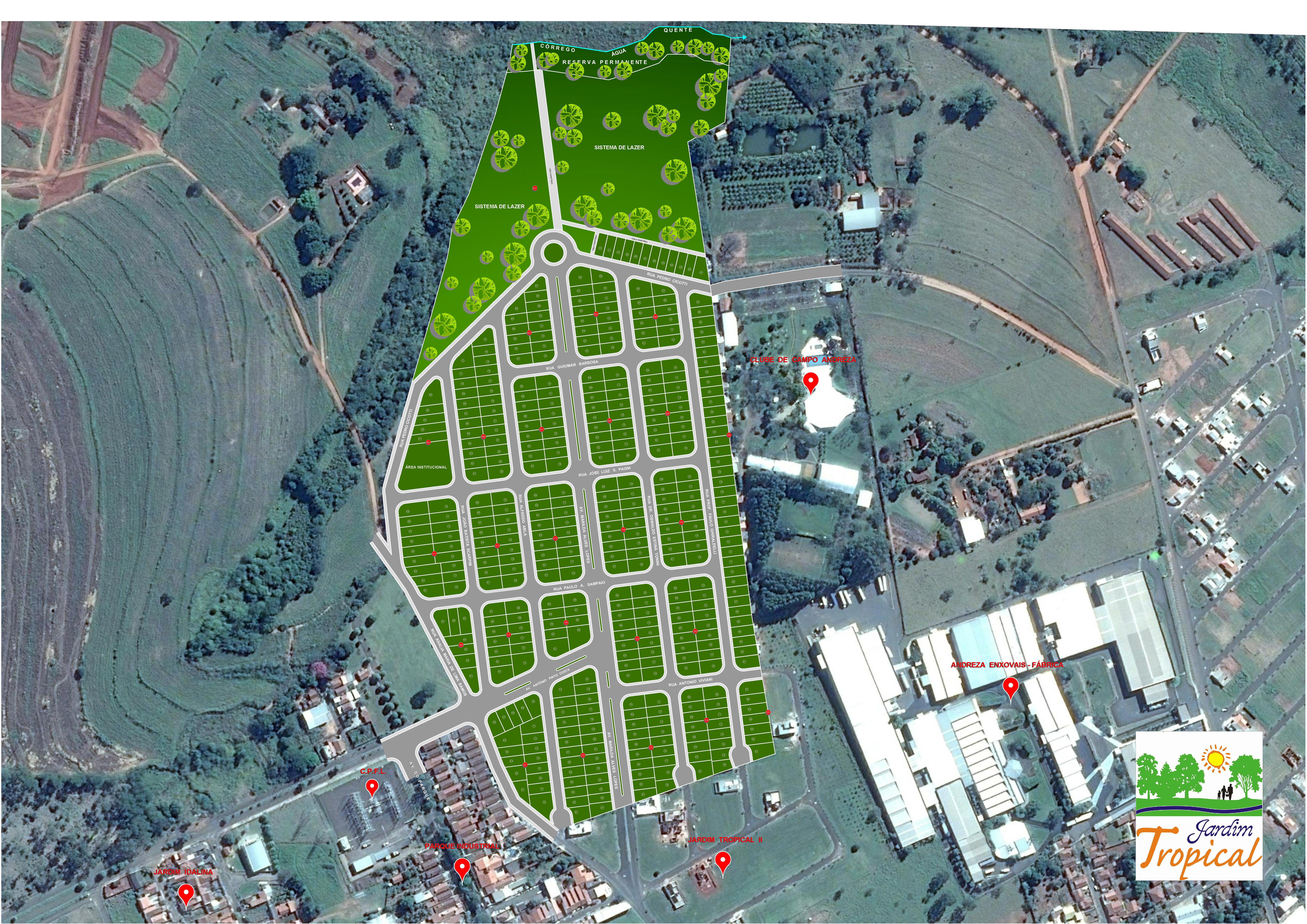 Mapa com os lotes numerados do Jardim Tropical
