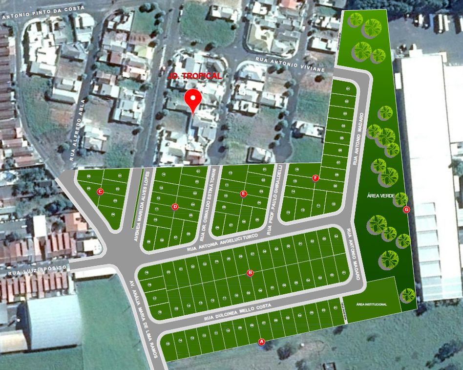 Mapa com os lotes numerados do Jardim Tropical II
